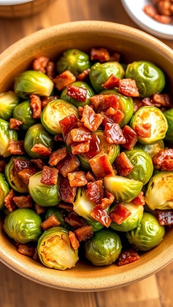 Crispy Air Fryer Brussels Sprouts with Bacon and Maple Crispy Brussels sprouts with bacon and maple syrup in a rustic bowl on a wooden table.